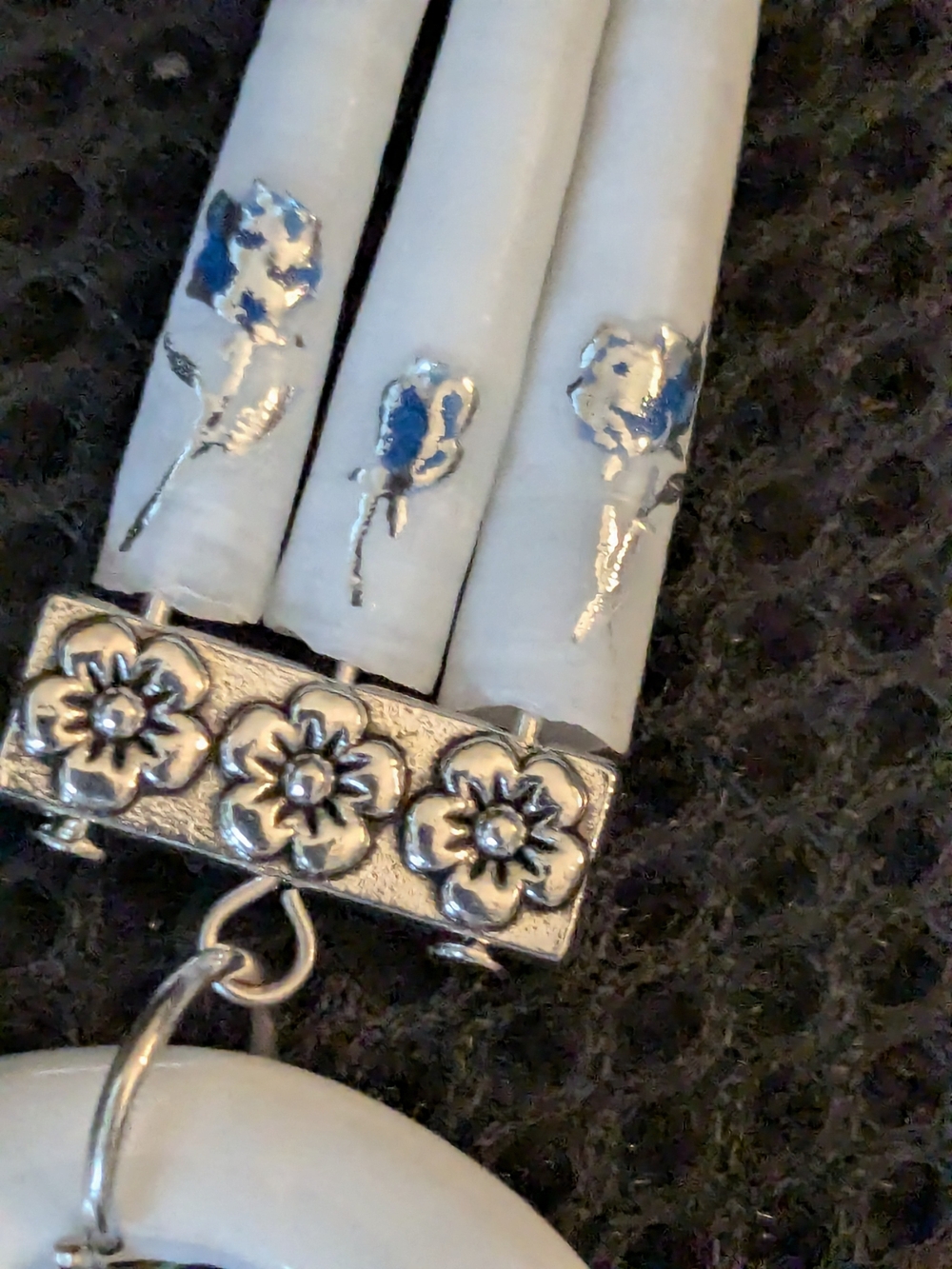 White and Blue Floral Porcelain Hoop Dentalium Shell Earrings - Picture 2 of 6